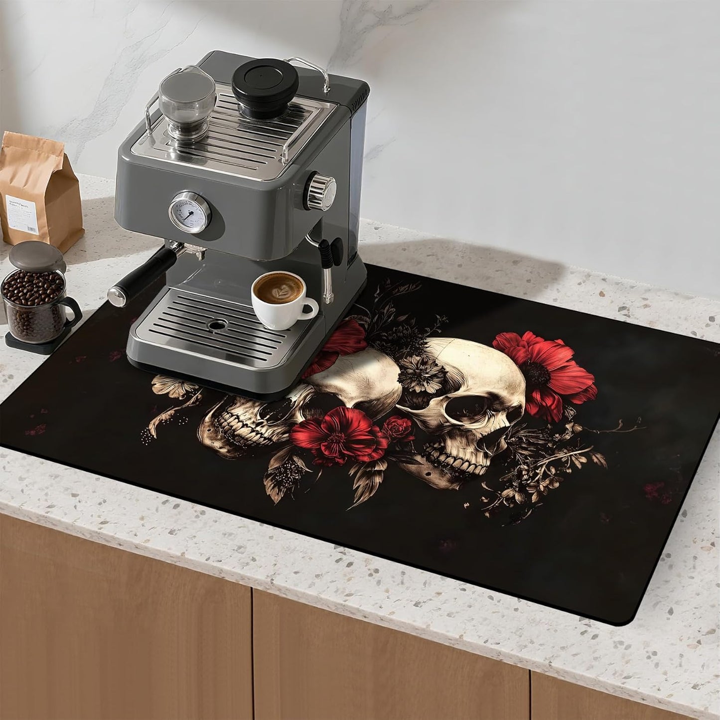 17"x 32" Coffee Bar Mat, Halloween Skull Flower Absorbent Dish Drying Mat Cuttable Hide Stain Draining Table Pad for Kitchen Counter, Coffee Bar Accessories