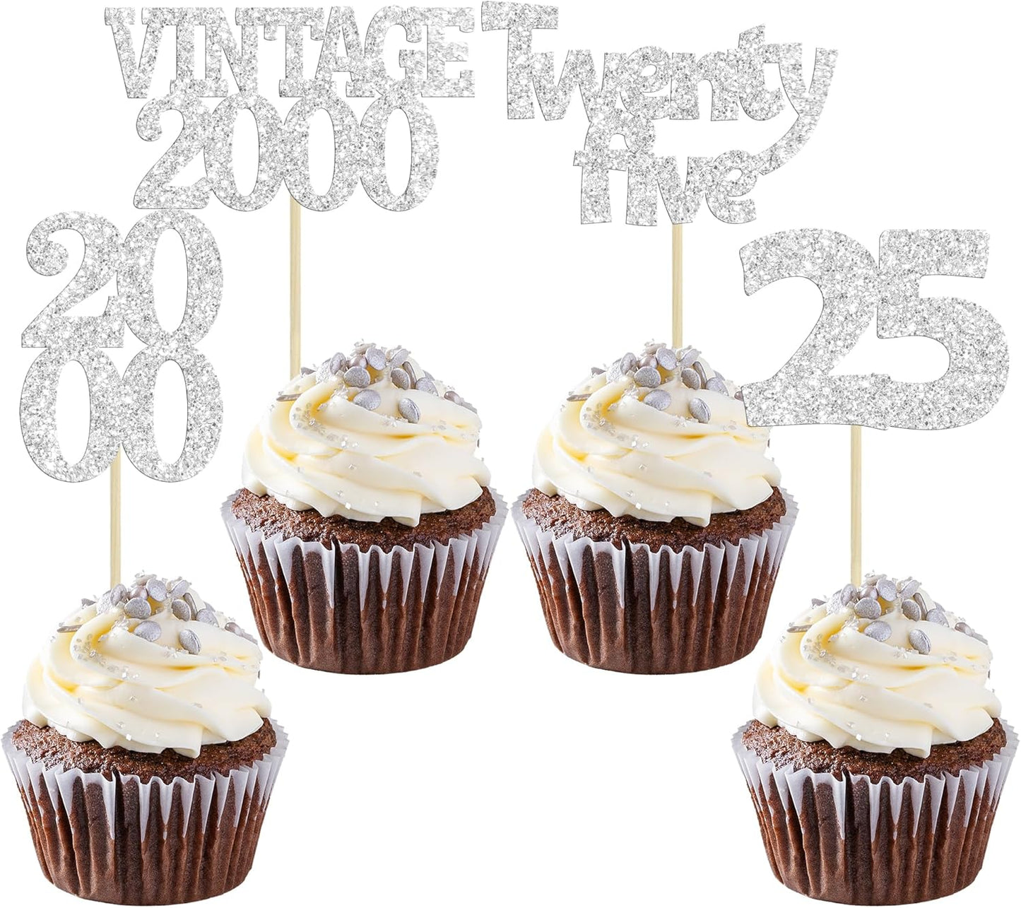 Gyufise 24Pcs 25th Birthday Cupcake Toppers Glitter Twenty-five Vintage 2000 Hello 25 Years Birthday Cupcake Pick Cheers to 25 Cake Decoration for Happy 25th Anniversary Party Supplies Silver