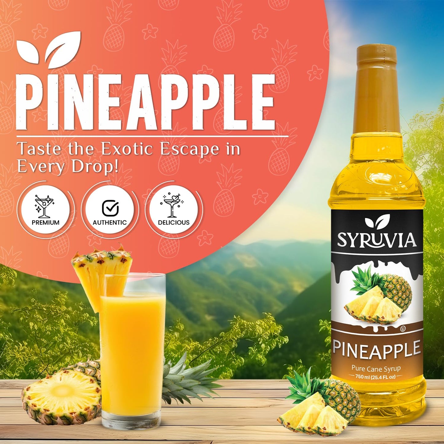 Syruvia Pineapple Syrup for Drinks 25.4 Ounces Pineapple Flavoring Syrup