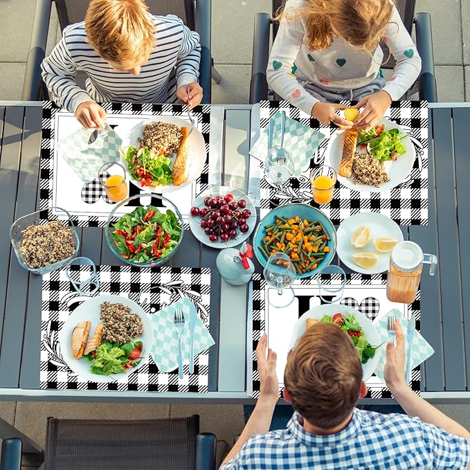 Love Family Placemats Set of 6 Buffalo Plaid Plastic Table Mats Black and White Plaid Place Mats Washable Vinyl Love Home Checkered Table Decoration for Indoor Outdoor Party Kitchen Dining