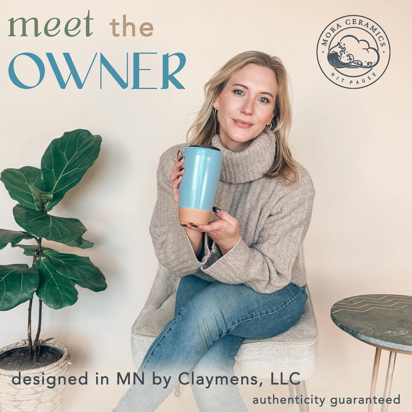 Mora Double Wall Ceramic Coffee Travel Mug with Lid, 14 oz, Portable, Microwave, Dishwasher Safe, Insulated Reusable Tall Cup, Splash Resistant Lid - To Go Tumbler for Car Cup Holder, Dusty Blue