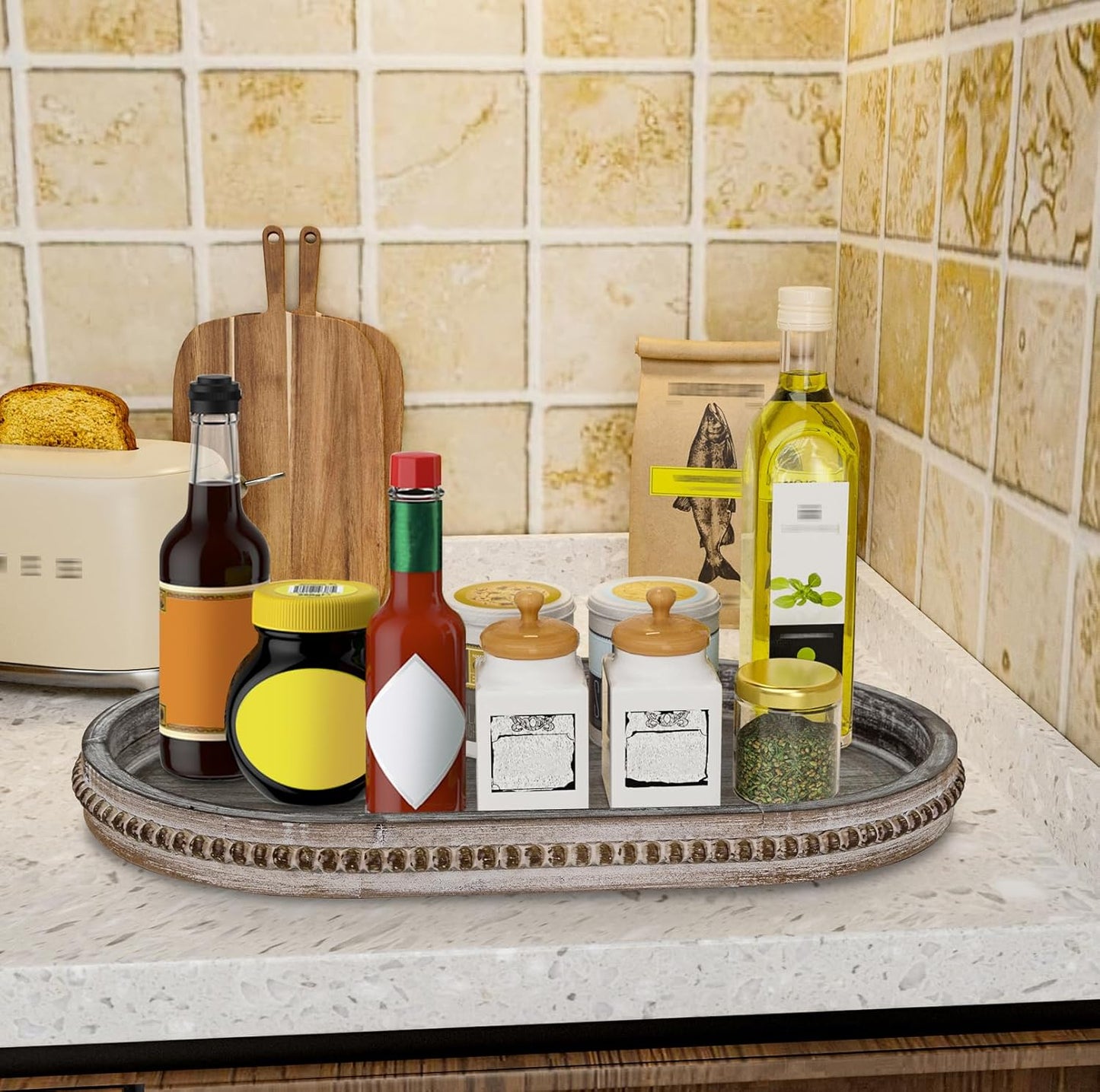 MAONAME Wood Serving Tray, Farmhouse Wooden Tray for Coffee Table, Oval Beaded Trays, Vintage Brown Decorative Trays for Living Room, Kitchen, 15" X 9" X 1.2"