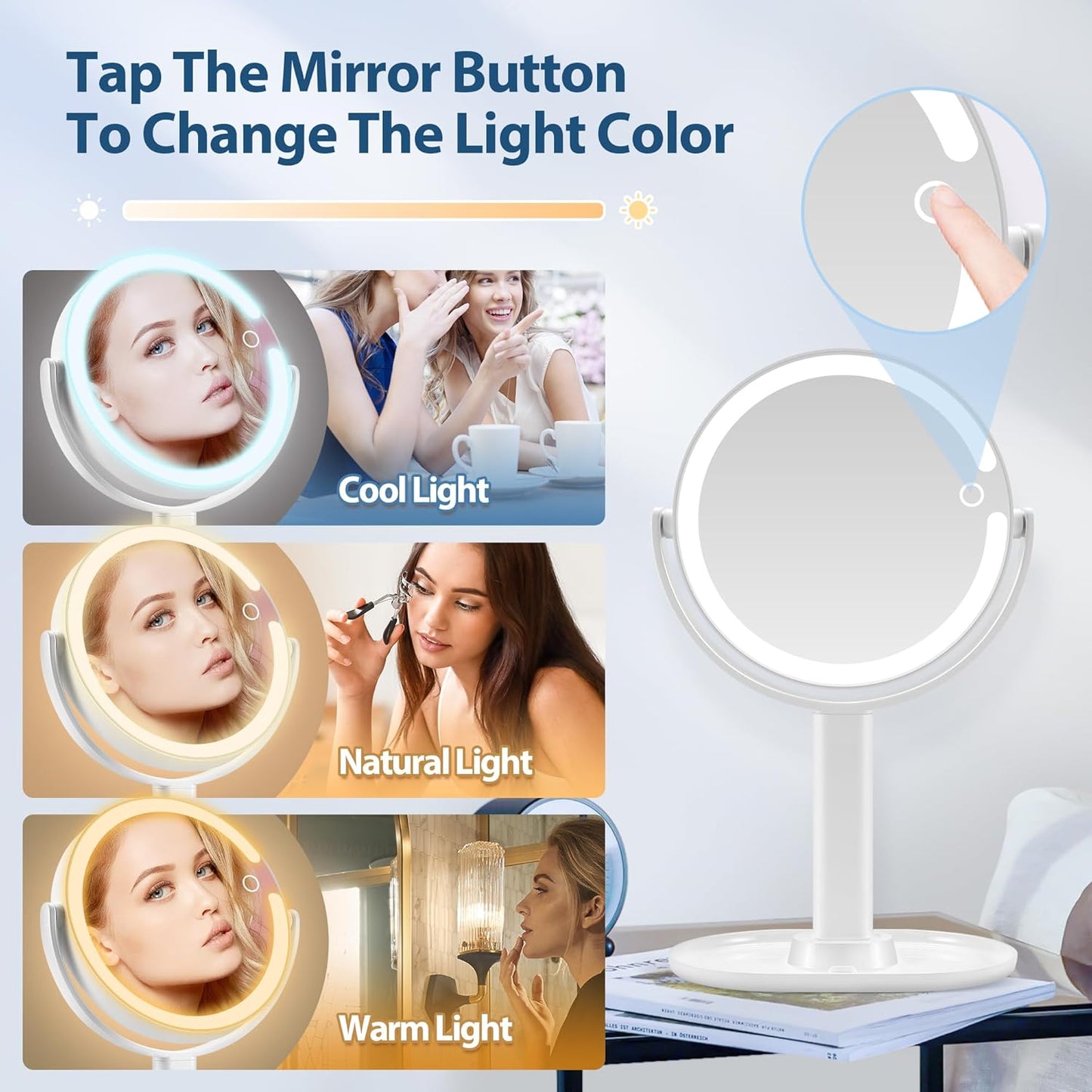 Lighted Makeup Mirror, 20X Magnifying Mirror with Light and Adjustable Brightness, Vanity Mirror with 3 Color Light, 2-Sided Mirror for Desk, Detachable Travel Makeup Mirror with Light 8.8 Inches