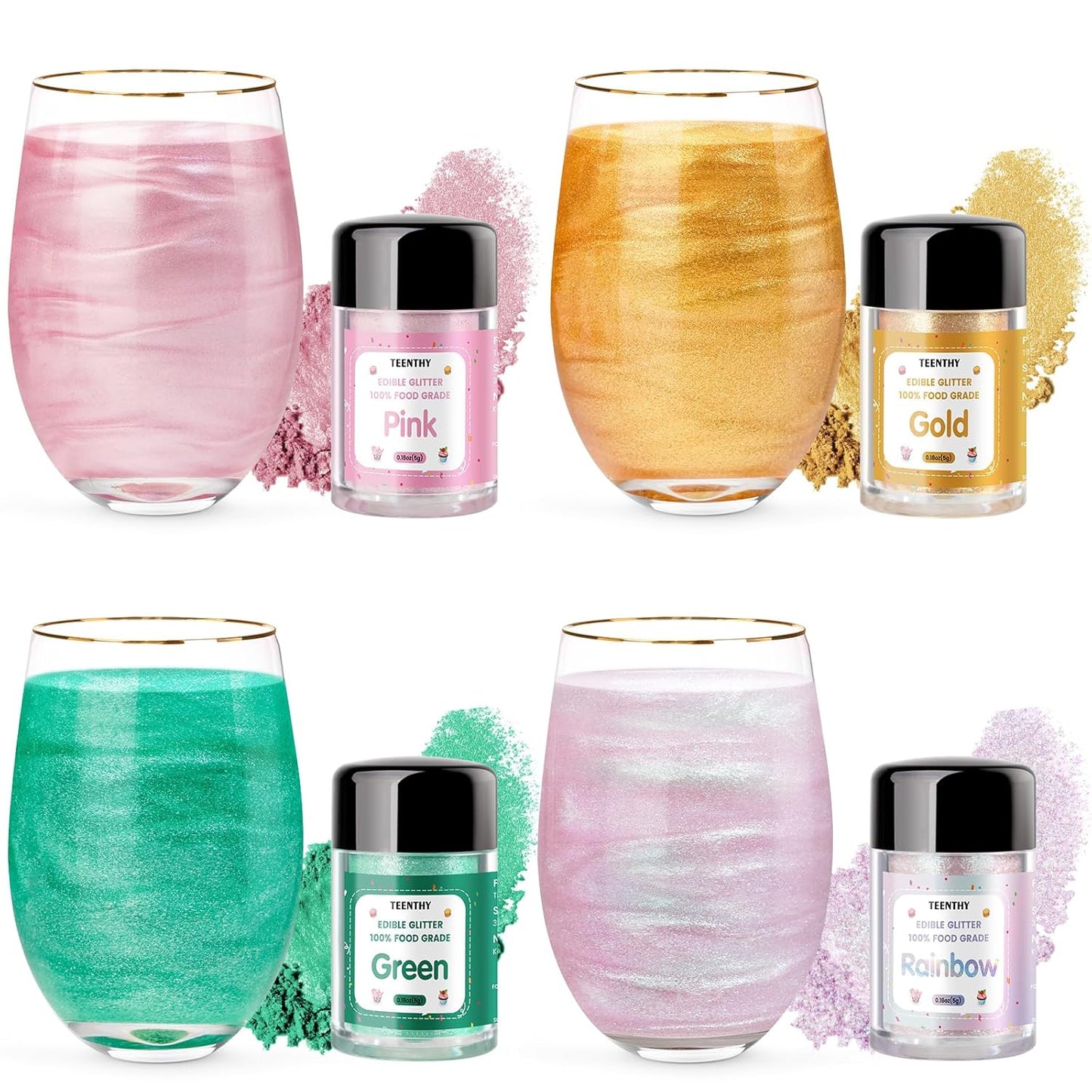 Edible Glitter - 4 Colors Luster Dust Edible, 100% Food Grade Edible Glitter for Drinks, Cakes, Easter Eggs, and Cookie Decoration, Vegan-Friendly Edible Luster Dust（0.18oz/5g）