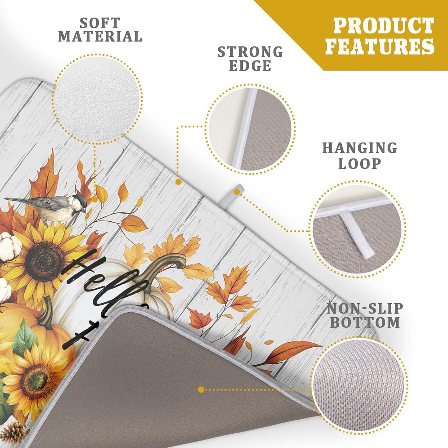 Hello Fall Sunflowers Dish Drying Mat for Kitchen Counter,Autumn Pumpkin Maple Leaves Drying Mat 18 x 24 Inch with High Absorbent Microfiber Dish Drying Drainer Mat for Coffee Bar