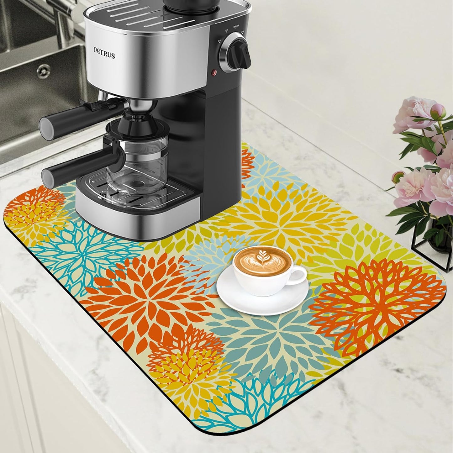 Orange and Blue Chrysanthemum Flower Coffee Mat Absorbent Dish Drying Mat Hide Stain Rubber Backed Coffee Bar Accessories Fit Under Espresso Machine Cafe Table 11.8 x 19.7 Inch