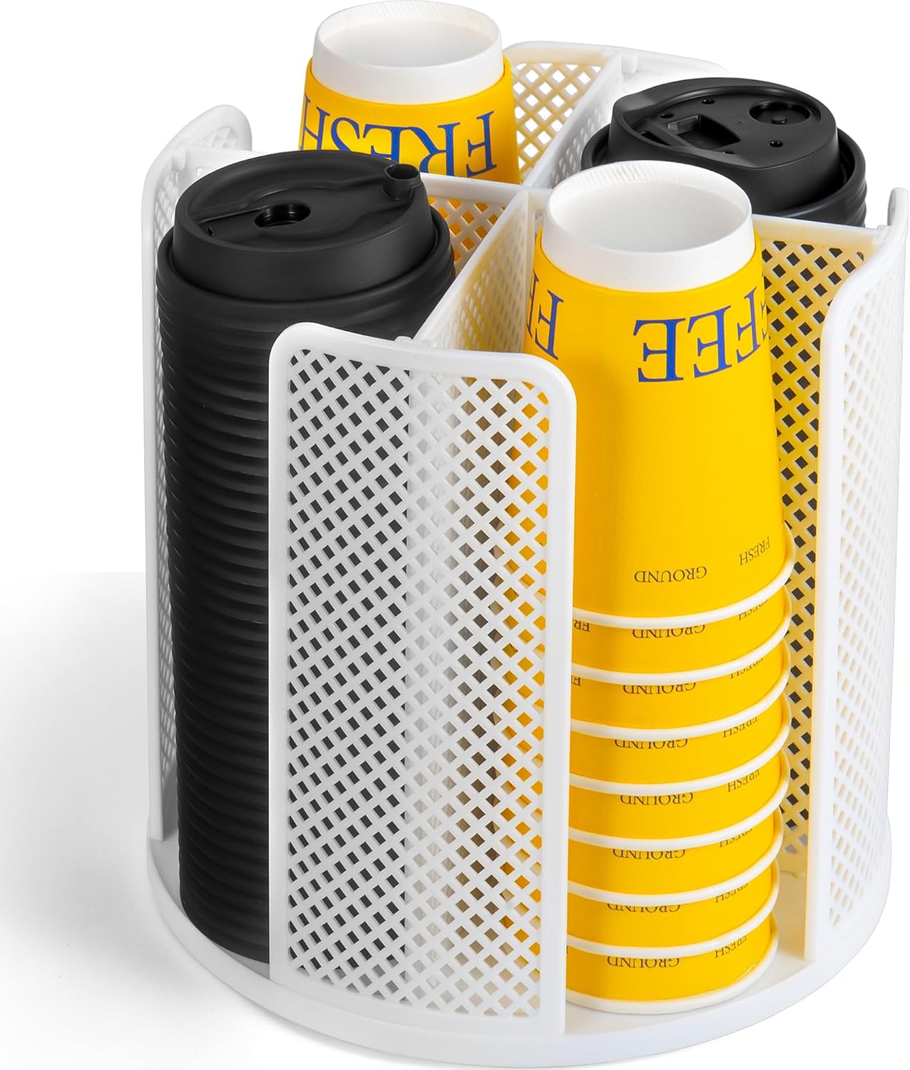 4-Compartment Rotating Paper Cup Holder & Coffee Cup Lid Storage Dispenser, Plastic Cup Dispenser Removable, Space-Saving Countertop Cup Holder for Coffee Bars, Kitchens (White)