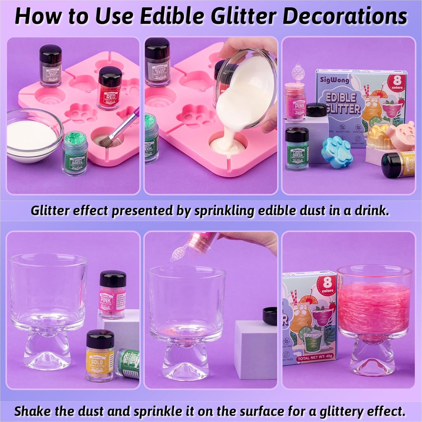 Edible Glitter - 8 Colors Luster Dust Edible Set for Drinks, Food Grade Edible Glitter Dust for Cake Decorating, Cocktail, Fondant, Strawberries, Candy, Cookie, Chocolate. Vegan and Gluten Free - 5g/bottle