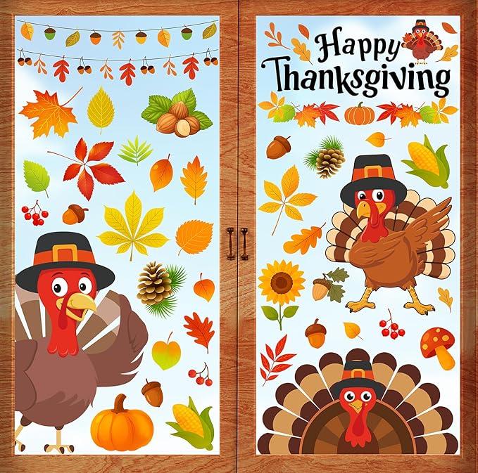 Thanksgiving Window Clings - 9 Sheets 114 Pcs Thanksgiving Decorations for Fall Autumn Harvest Home Party, Pumpkin Leaves Turkey Acorns Stickers for Glass, Double-Sided Static Window Decals