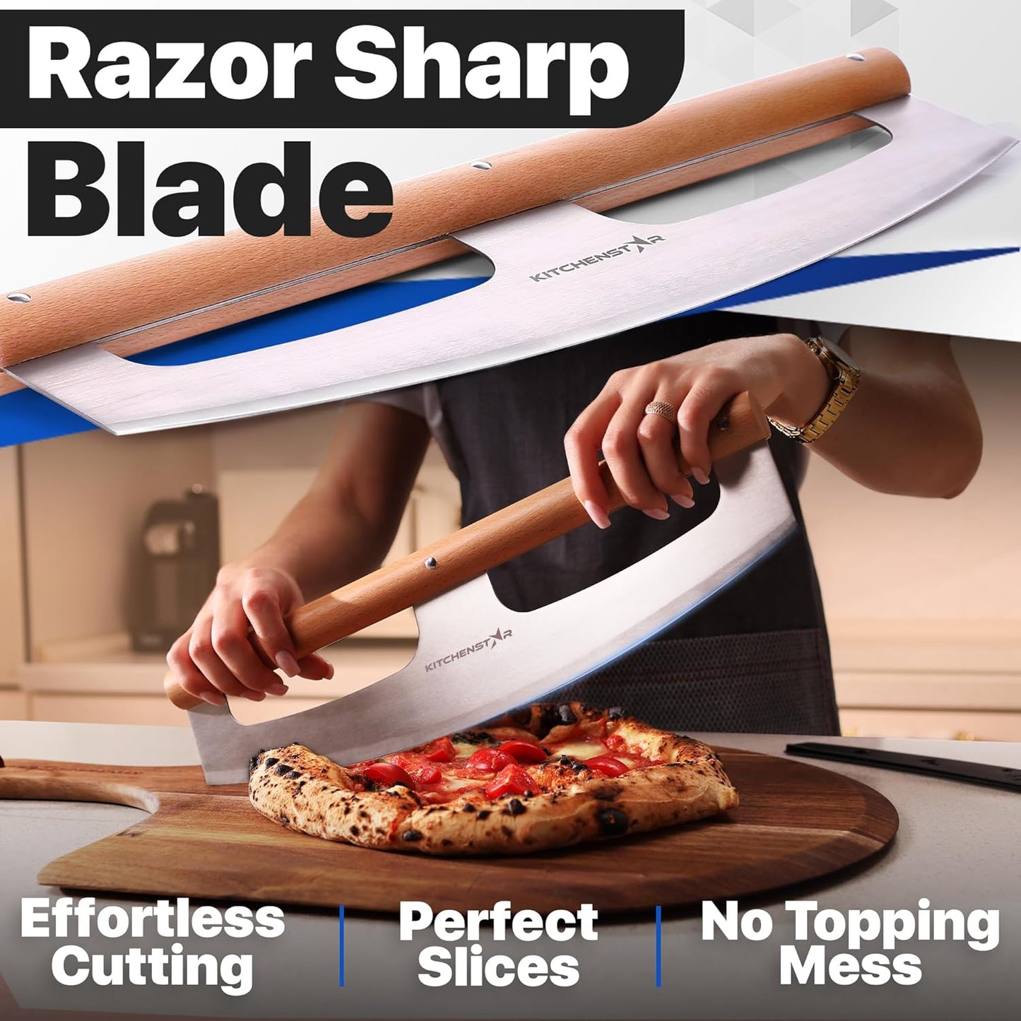 KitchenStar 16-Inch Pizza Cutter Rocker Blade - Razor Sharp Stainless Steel Slicer Knife, Stylish Beech Wood Handle, Protective Cover - Professional Pizza Oven Accessories, Silver