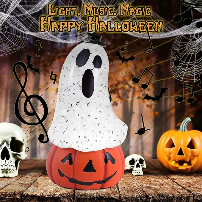 Halloween Snow Globe Lantern Spooky Glost and Pumpkin Halloween Snow Globes Musical Water Glitter Globe with 6H Timer Battery Operated or USB Powered for Spooky Home Decorations (Ghost and Pumpkin)