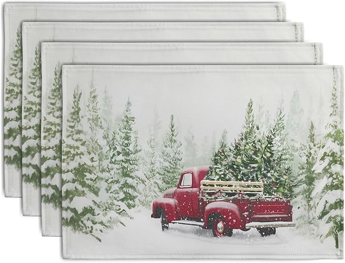 Red Truck Christmas Placemats Set of 4, 12x18 Inch Green Pine Tree Snow Xmas Table Mats Seasonal Rustic Farmhouse Linen Fabric Place Mats for Winter Holiday Party Kitchen Dining Decor