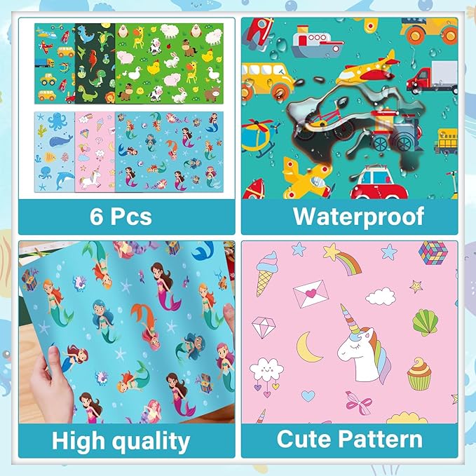 Unicorn Mermaid Kids Placemats Set of 6 Transport Dinosaur Plastic Table Mats Toddler Children Farm Ocean Animal Place Mats Washable Table Decoration for Indoor Outdoor Party Kitchen Dining