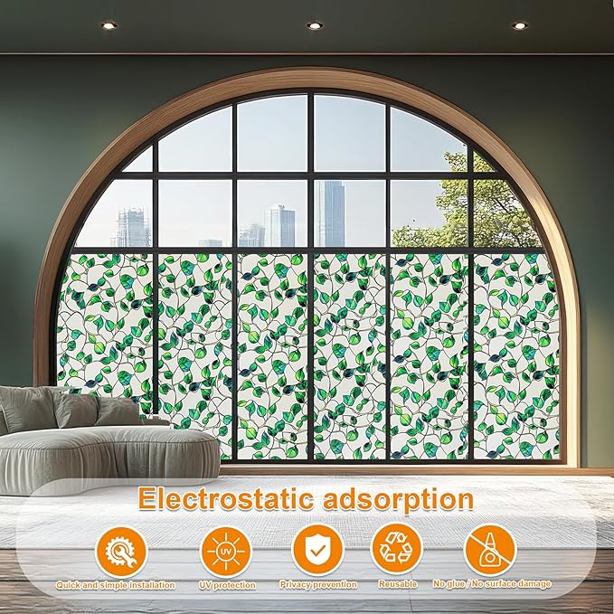 Window Privacy Film Stained Glass Decorative Static Clings Frosted Window Tint for Home Room Decor Bathroom Door Car Stickers with Glittering Effect, Removable(Blue & Green pothos Botanical)