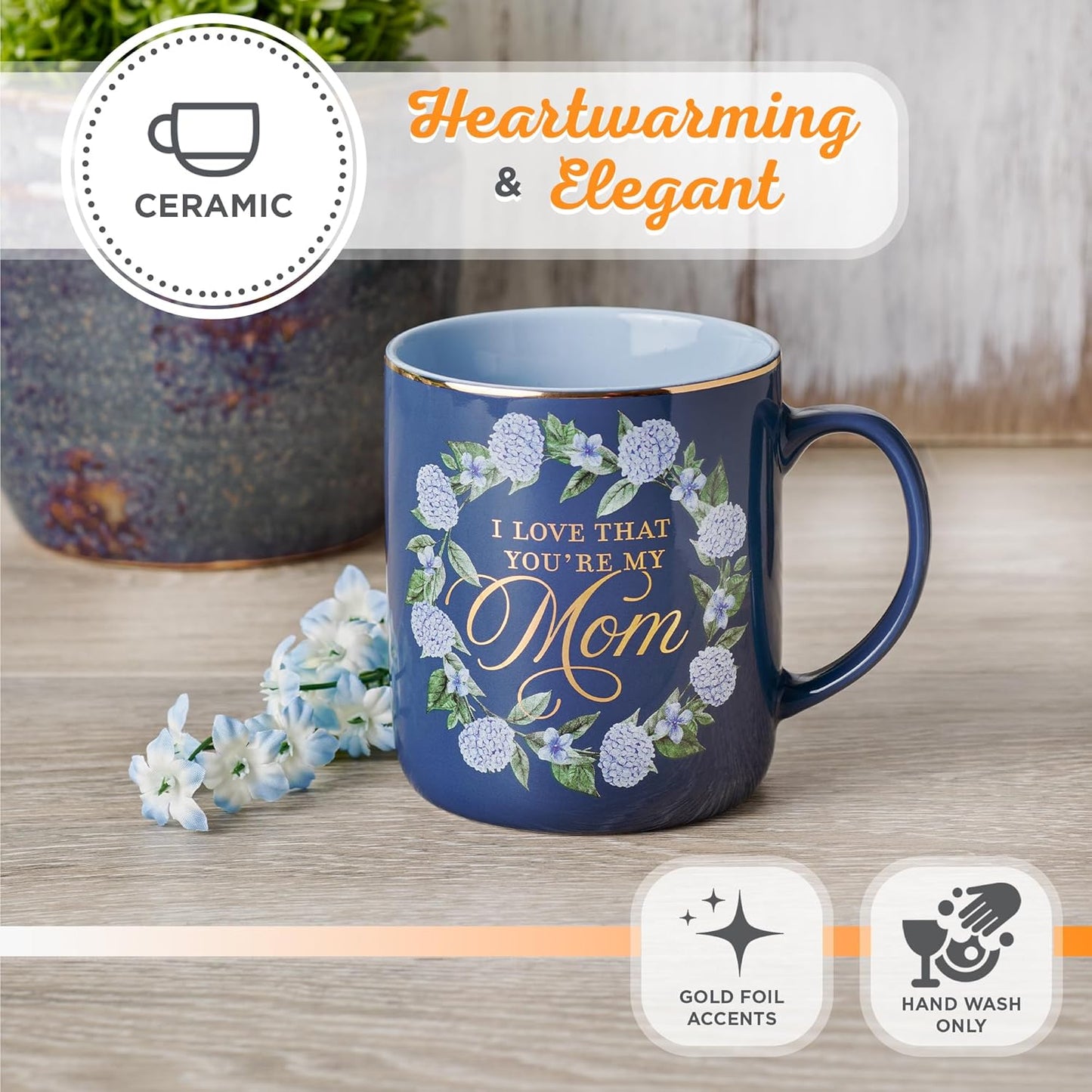 Christian Art Gifts Large Ceramic Inspirational Coffee & Tea Scripture Mug for Mothers: I Love that You're My Mom, Proverb Bible Verse, Cute Novelty Golden Beverage Cup, Purple & Blue Floral, 14 oz.