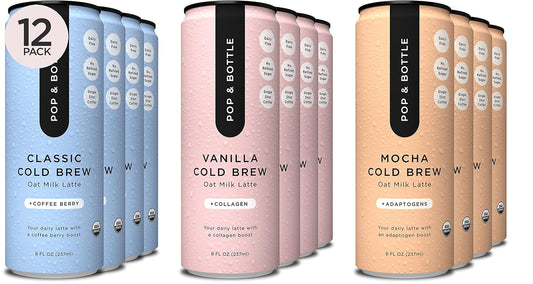 Pop & Bottle, Oat Milk Lattes - Cold Brew, Maca, Antioxidants, Ashwagandha, MCT Oil, Collagen, Organic, Diary Free, Gluten Free, Lightly Sweetened with Dates - Variety, 8 Fl Oz (12 Pack)