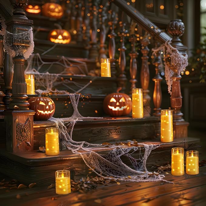 Homemory 9 Pcs Flameless Candles with Embedded Star String Fairy Lights, Battery Operated Candles, LED Candle, Fake Candles with Remote Control and Timer (Gold)