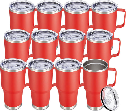 30 oz Tumbler with Handle and Lid, Stainless Steel Tumblers Bulk Double Wall Vacuum Insulated Travel Mug Leak Proof Cup Keep Drinks Cold and Hot Red, 12 Pack