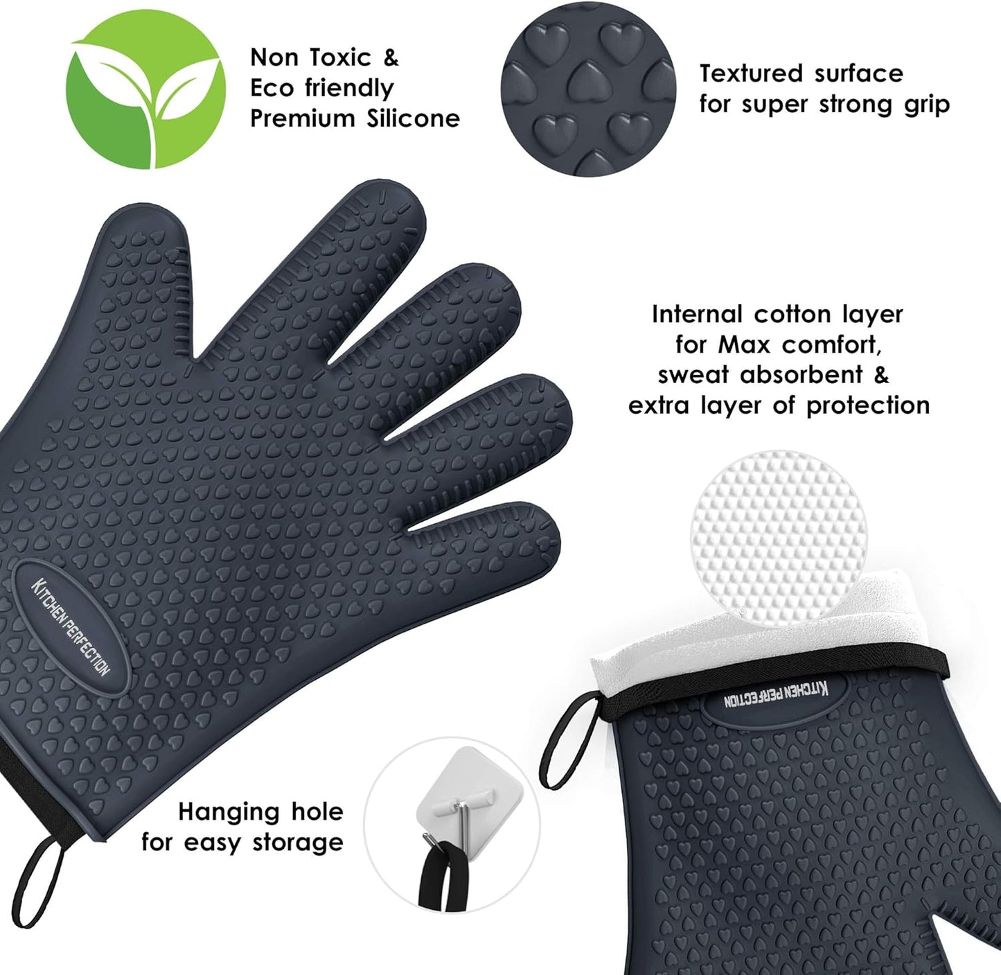 KITCHEN PERFECTION Silicone Smoker Oven Gloves -Extreme Heat Resistant BBQ Gloves -Handle Hot Food Right on Your Smoker Grill Fryer Pit|Waterproof Oven Mitts Grill Gloves |Superior Value Set+3 Bonuses