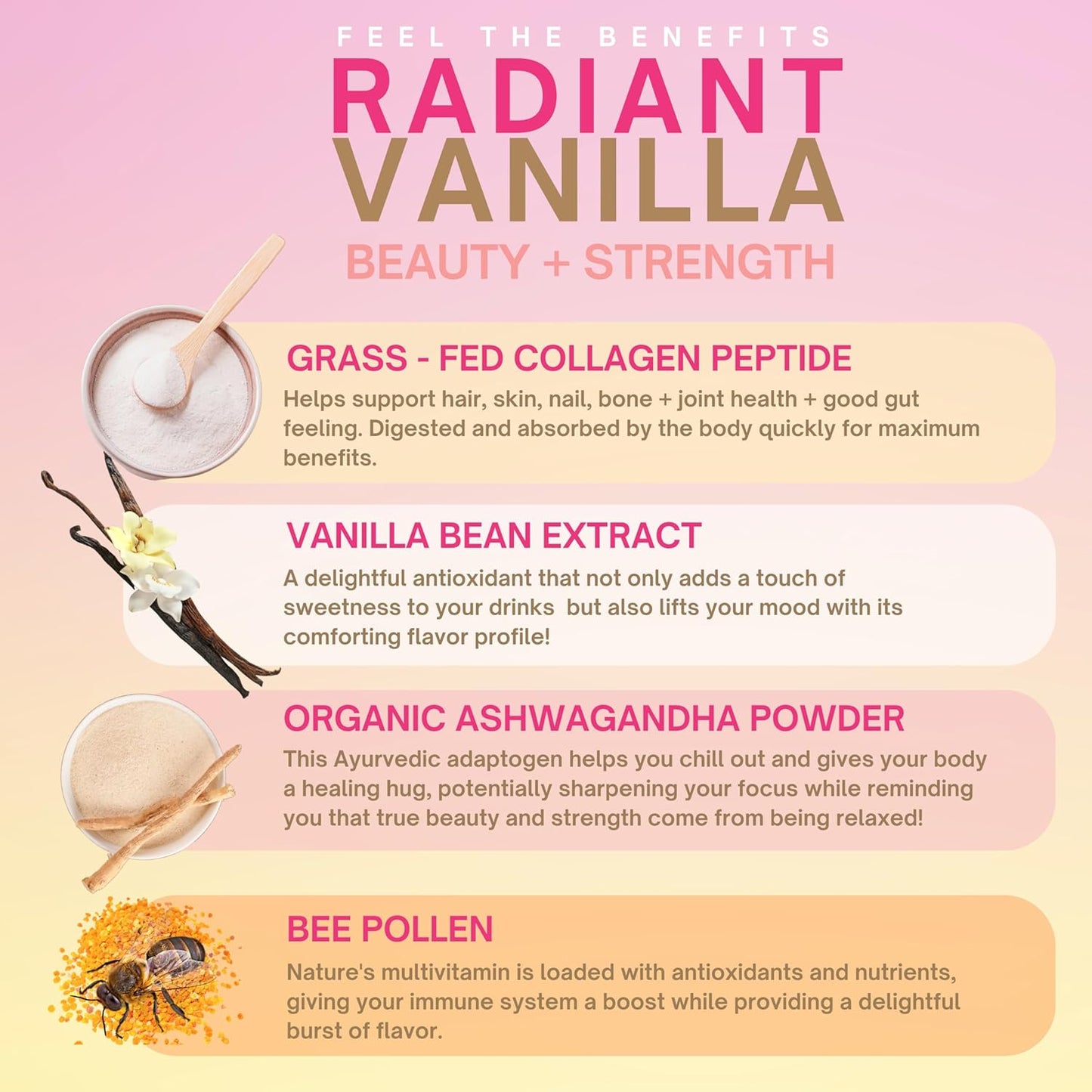 Eleven TLC, Radiant Beauty Bovine Collagen Peptides Drink Mix, Ashwagandha, Hydrolyzed Collagen, Bee Pollen, Vanilla Protein Powder, Dairy Free, Superfood Lattes, Wellness Hydration Mix, 63 Servings