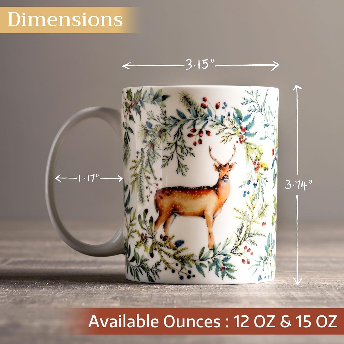 Maison d' Hermine Coffee Mug with Handles Fine Bone China Mugs Pack of One Tea Cups for Hot Beverages Cappuccino Latte Home Restaurant Office Perfect for Gift (Holly Time - Biche, 12 Ounce)