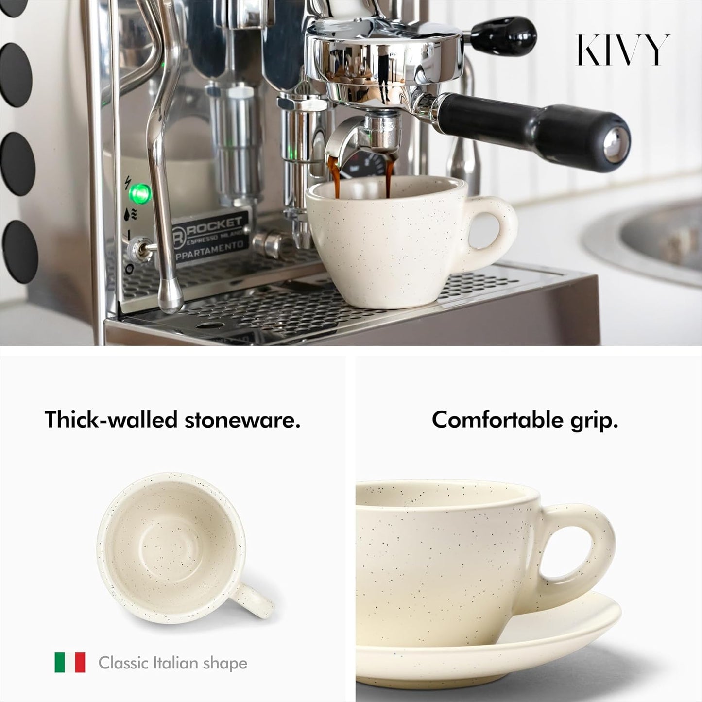 KIVY Cappuccino cups set [4x 8oz] - Thick-walled stoneware cappuccino cup set for latte art - Cappuccino coffee cups - Tazas de cafe - Latte cups - Ceramic latte art cup and saucer set of 4