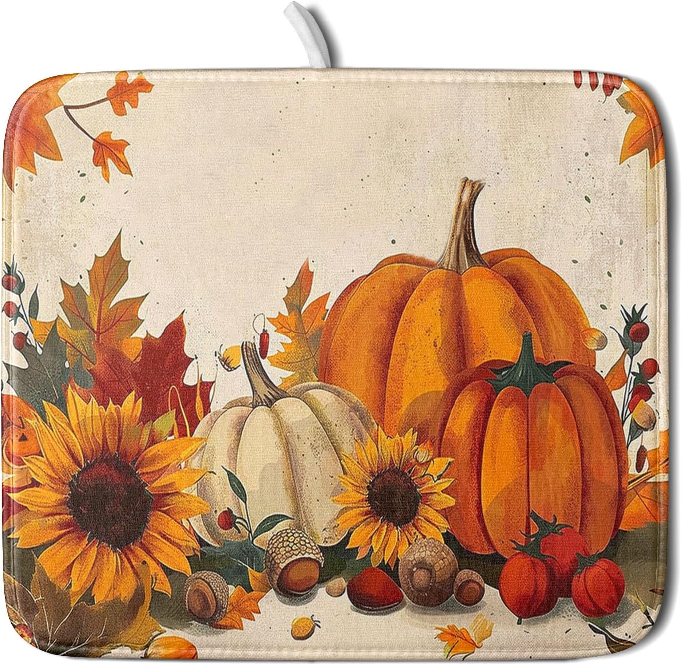 Happy Thanksgiving Day Harvest Dish Drying Mat for Kitchen Counter,Sunflower Maple Leaves Pumpkin Drying Mat 16 x 18 Inch with Absorbent Reversible Microfiber Dish Drying Pad for Coffee Bar