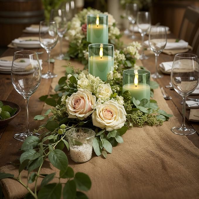 Homemory Green Glass Flameless Candles, Battery Operated LED Pillar Candles with Remote Control and Timer, Radiance Candles, Real Wax, Set of 3,D3 xH4 5" 6"