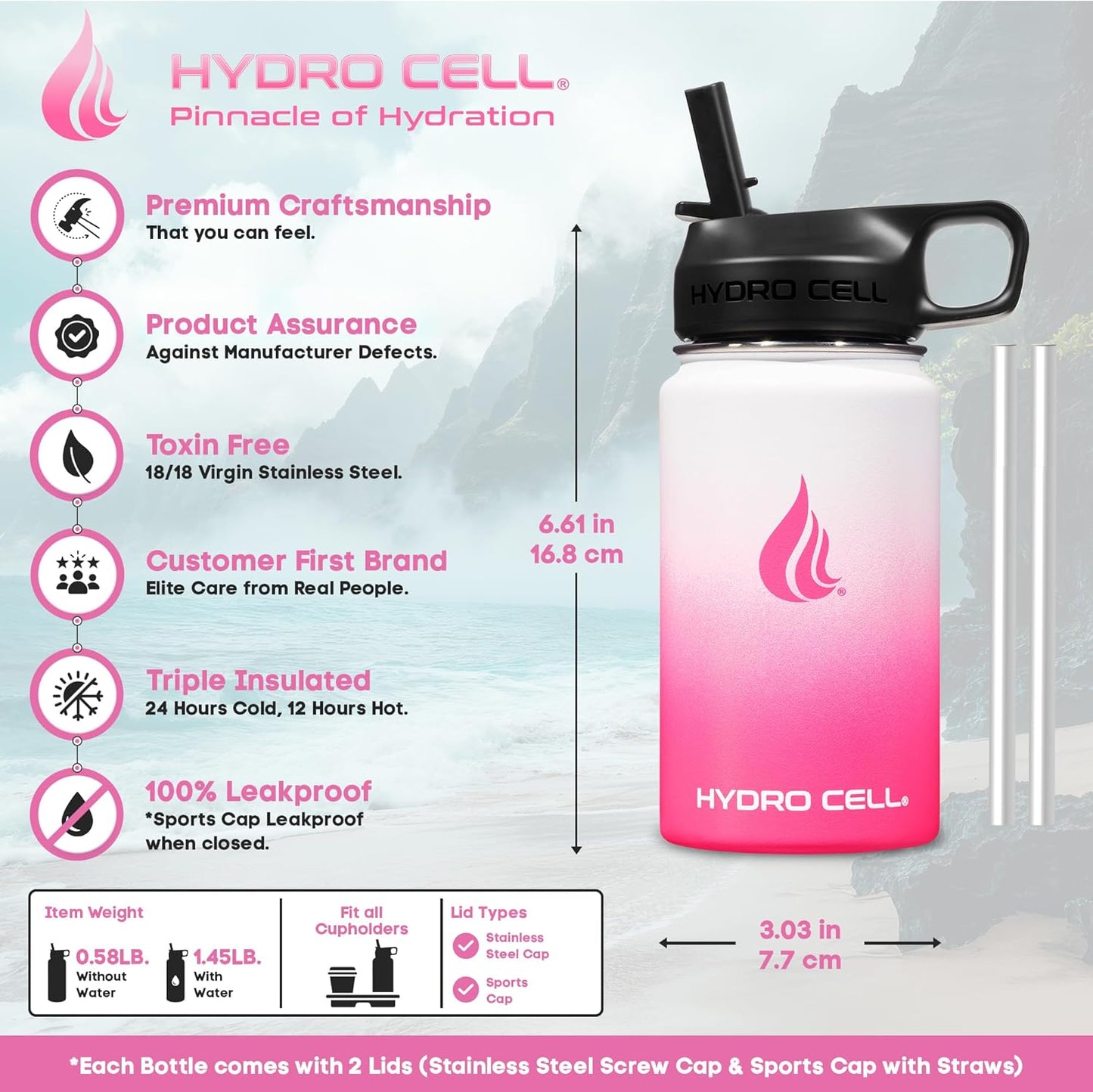 HYDRO CELL Stainless Steel Insulated Water Bottle with Straw - For Cold & Hot Drinks - Metal Vacuum Flask with Screw Cap and Modern Leakproof Sport Thermos for Adults (White/Pink 14oz)