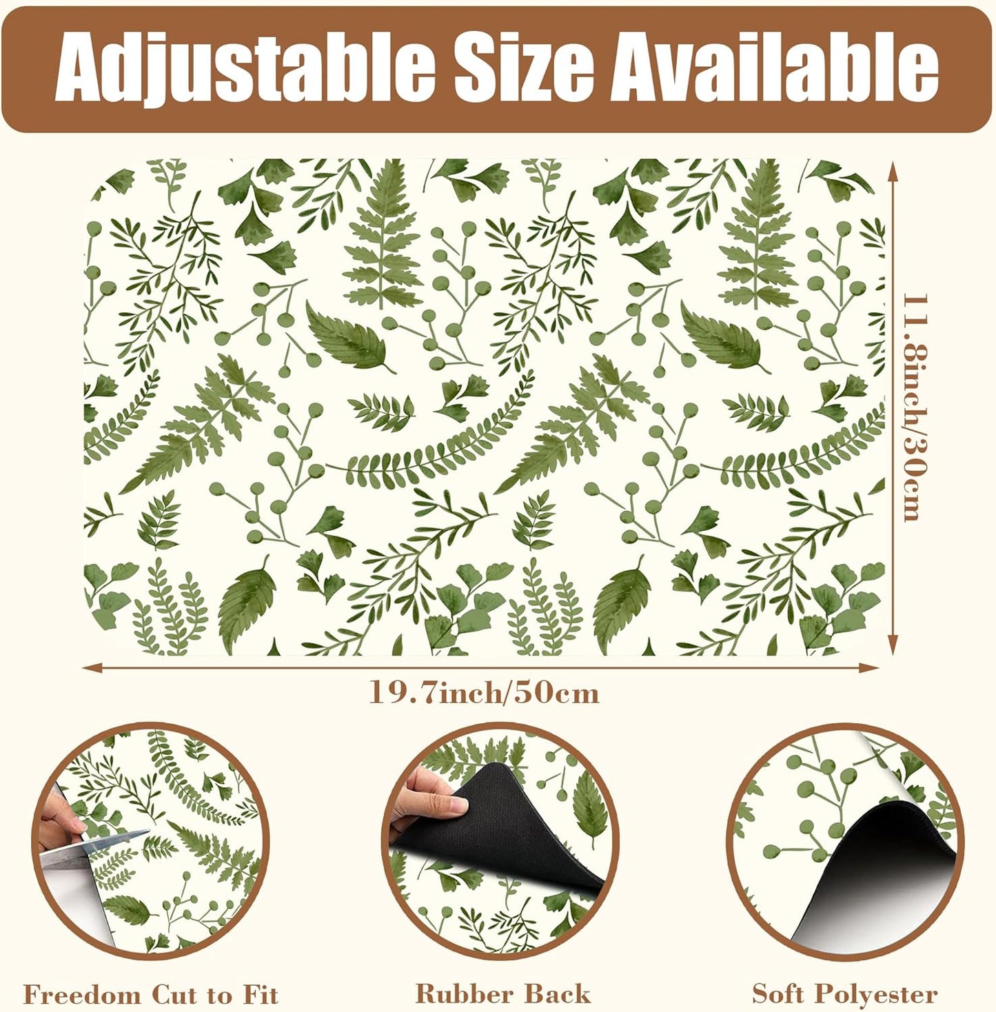 Green Leaf Coffee Mat Herb Dish Drying Mat for Kitchen Counter Hide Stain Rubber Backed Absorbent Coffee Bar Accessories Fit Under Espresso Machine Cafe Table, 11.8 x 19.7 Inch