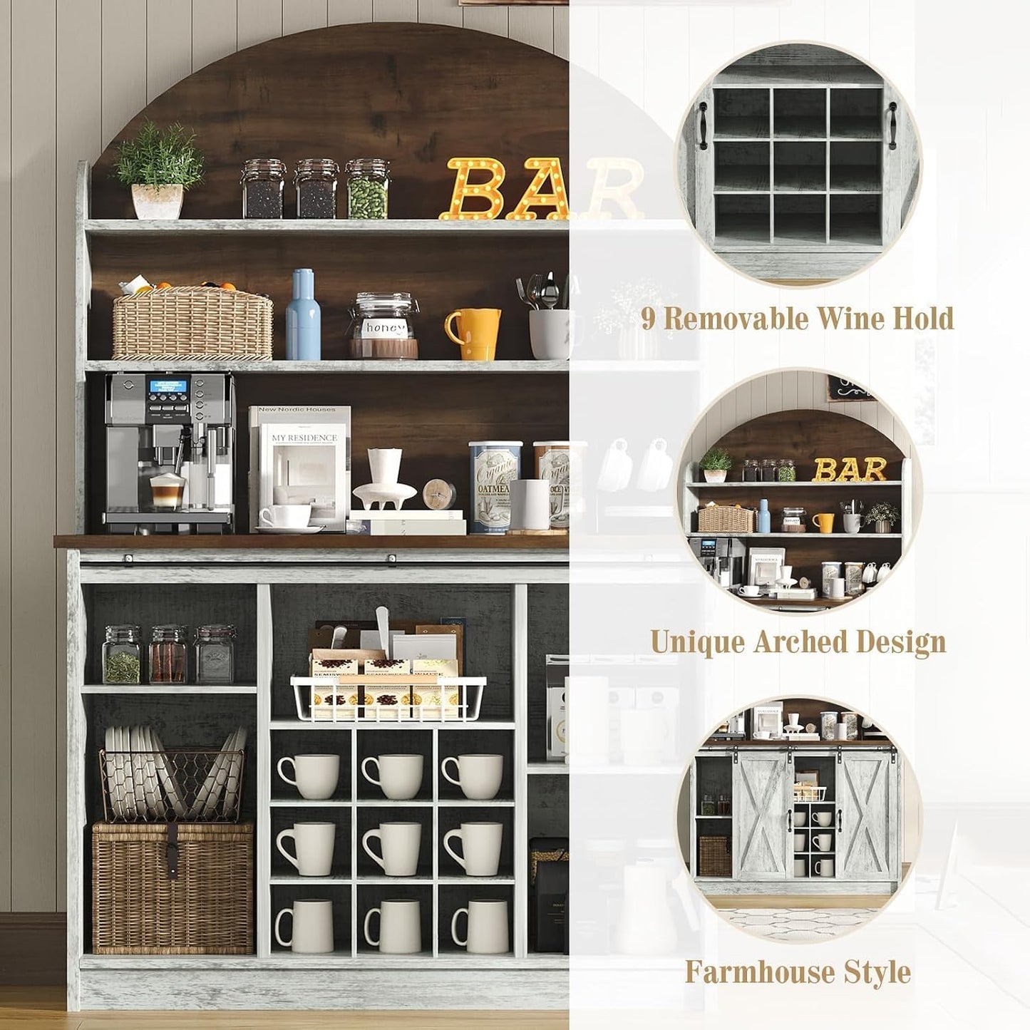 4 EVER WINNER Coffee Bar with 3-Tier Storage, 67" Coffee Bar Cabinet with Sliding Barn Doors & Wine Rack, Kitchen Hutch Cabinet for Living Room, Dining Room, Grey