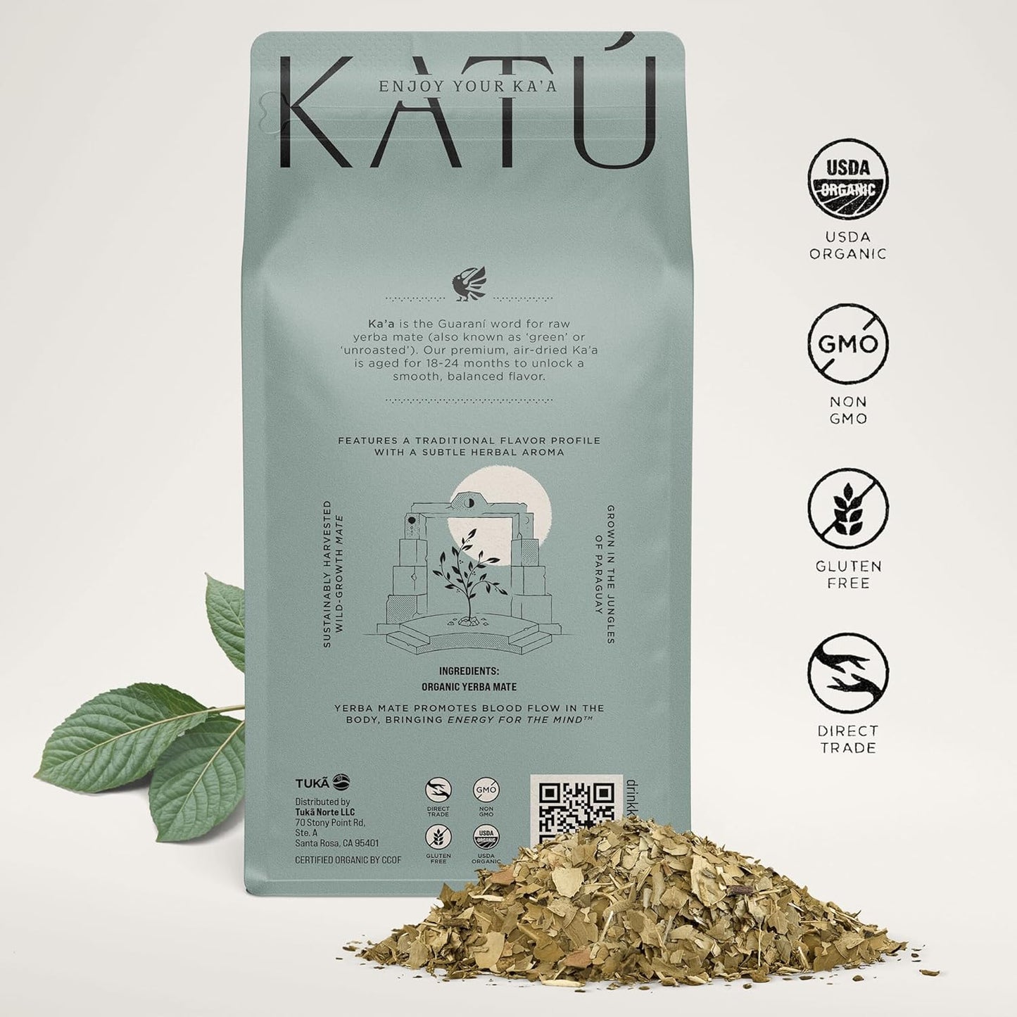 Katú Ka'a Premium Organic Loose-Leaf Raw Yerba Mate Tea, Air-Dried, Unroasted, Smooth Traditional Taste, Natural Energy, 17.6 oz (500g)