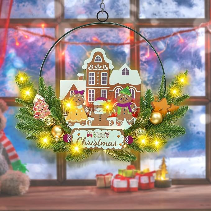 Light up Christmas Wreaths for Front Door, Welcome Metal Wooden Door Wreath Decor Hanging Sign, 30 LED Lighted Wall Decor Battery Operated for Halloween Indoor Outdoor (Gingerbread Man)