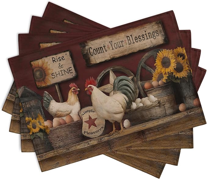 Farmhouse Rooster Placemats Set of 4 Farm Animal Chicken Place Mats 12x18 Inch Vintage Rustic Country Linen Table Mat Washable Non-Slip Placemat for Party Kitchen Dining Decor