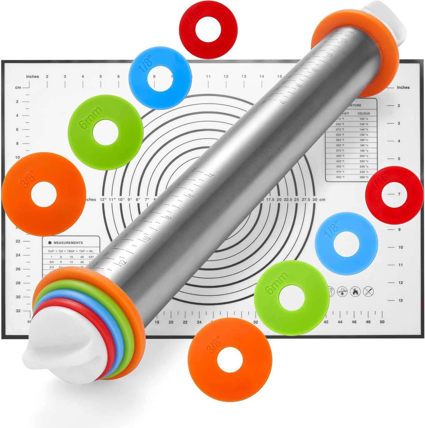 17" Stainless Steel Rolling Pin with 4 Adjustable Thickness Rings and Baking Mat for Dough, Pizza, Pies, Pastries, Pasta, Cookies (Black Mat)