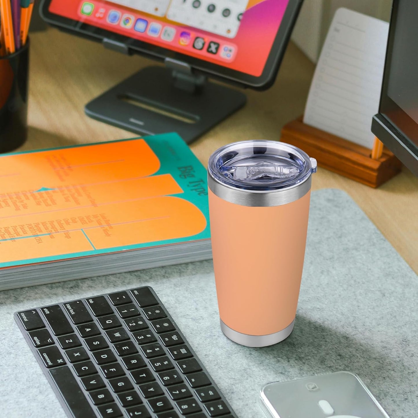 20 oz Tumbler Stainless Steel Tumblers Bulk with Lid Double Wall Insulated Coffee Tumbler Cups for Hot & Cold Drinks Powder Coated Travel Coffee Tumbler Mug Metal (Cream Orange, 6 pack)
