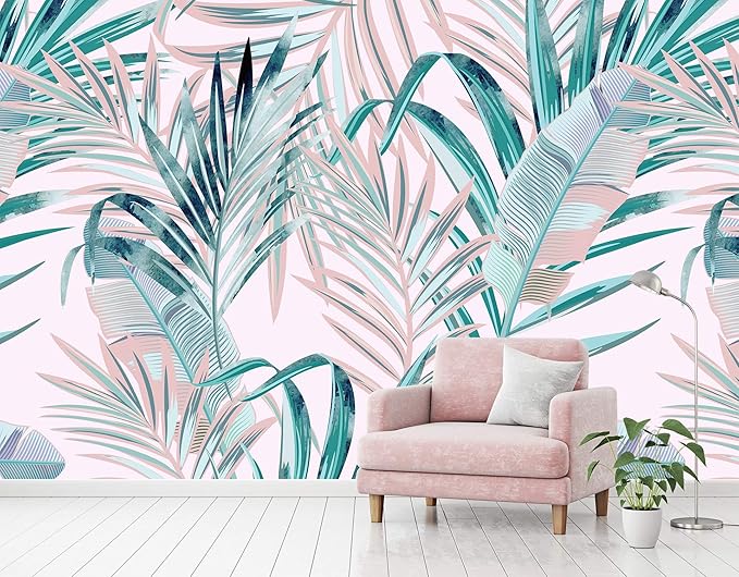 Tropical Pink Palm Leaf Wallpaper Girls Bedroom Colorful Plant Leaves Wall Mural Living Room (Not Peel and Stick)