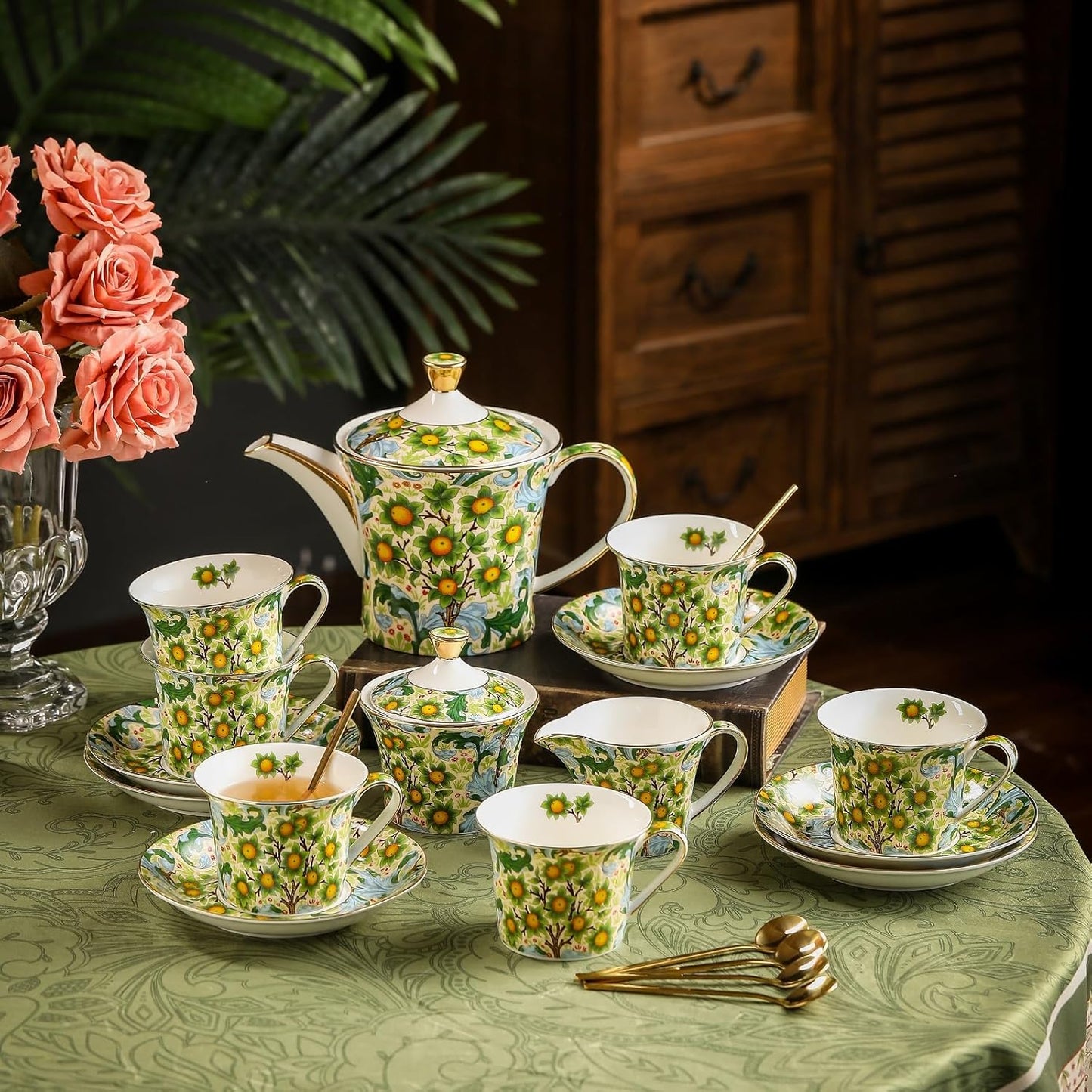 ACMLIFE Tea Set for Adults- Fine China Tea Set for 6, 21-Piece Vintage Coffee Set English Porcelain Tea Pot Sets for Adult Tea Party for Women Gift (Fruits Green, Extra Large 21)
