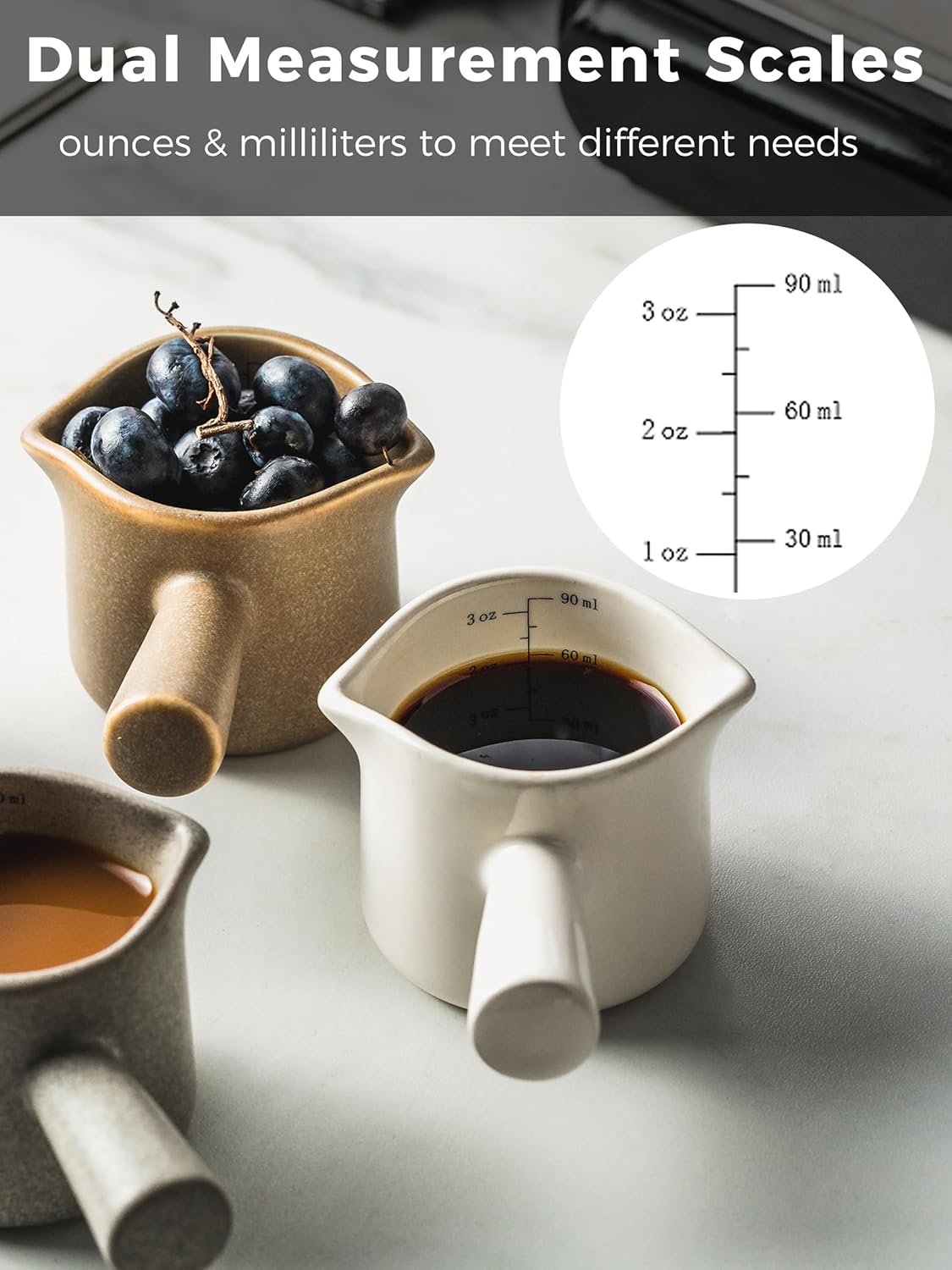 Espresso Measuring Cup, Ceramic Espresso Cup Double Spouts Expresso Shots Cup with Handle, Espresso Accessories, 3 Oz/ 90 Ml, White