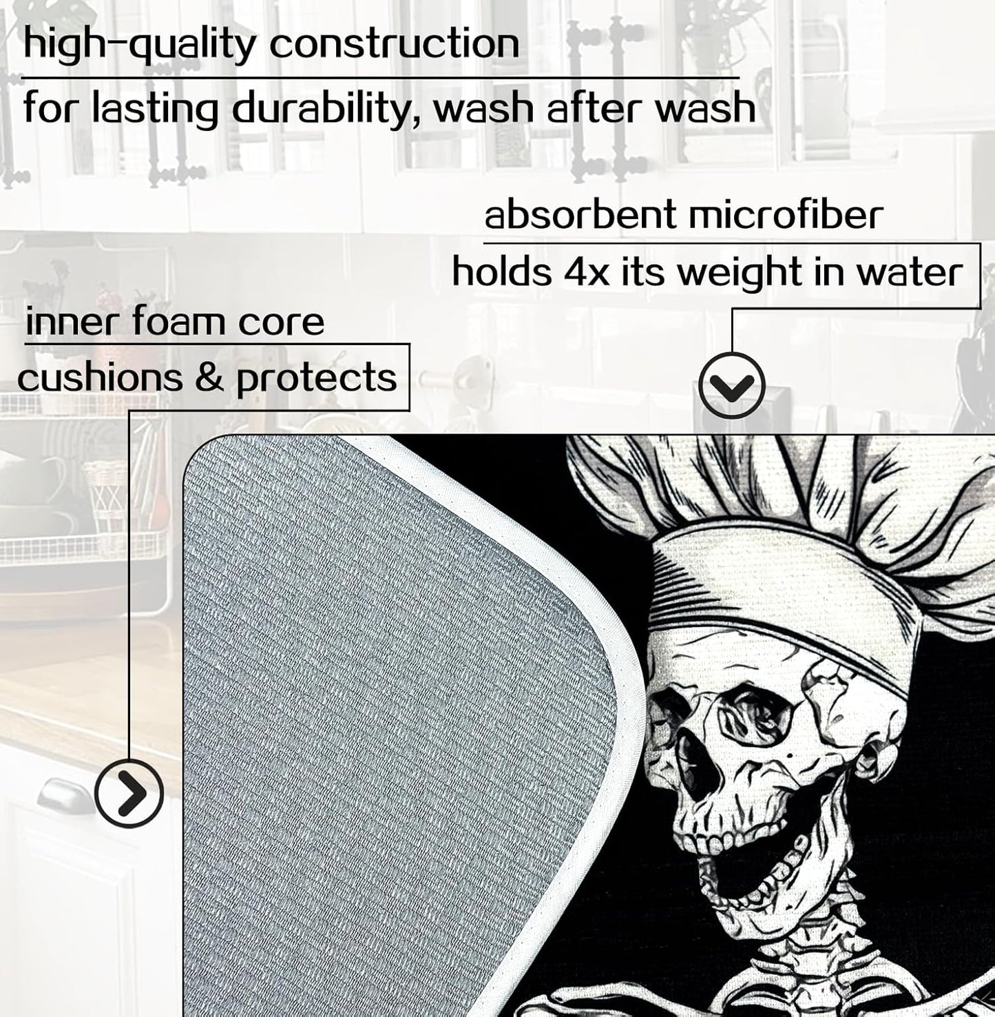 Halloween Skeleton Dish Drying Mat 18 X 24 Inch The Kitchen Is The Heart Of The Home For Kitchen Counter Reversible Dish Drying Pad Water Absorbing And Drying Mat For Kitchen Coffee Bar Decoration