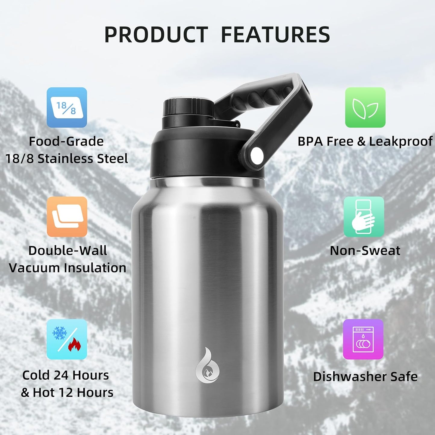 BJPKPK 64 oz Insulated Water Bottle, Dishwasher Safe Half Gallon Water Bottle with Ergonomic Handle, BPA Free Leak Proof Water Jug with Anti-slip Bottom, Stainless Steel Primary Color