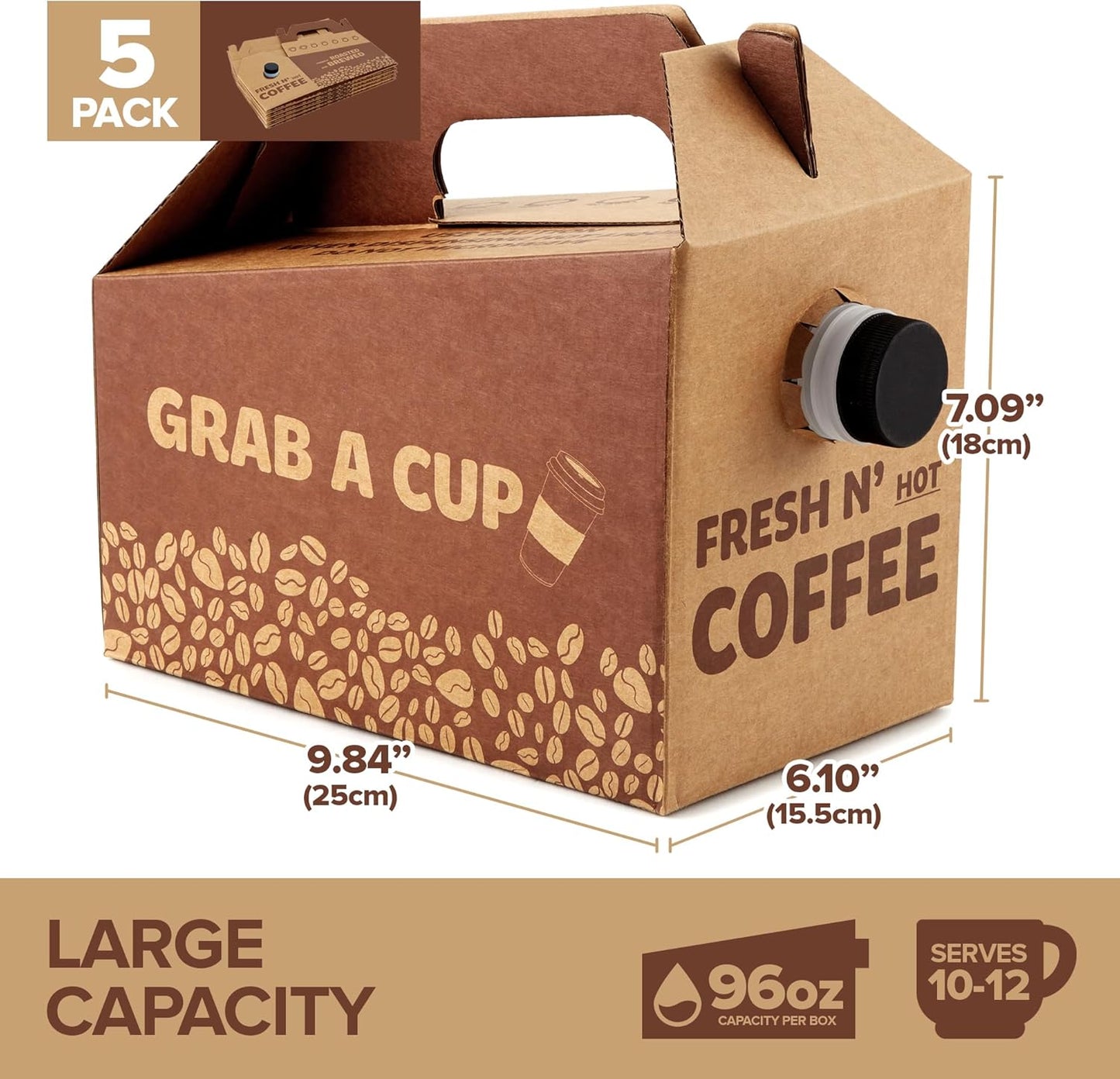 Stock Your Home (5 Pack) 96 oz Disposable Coffee Box Dispensers, Insulated Hot Cold Bulk Beverage Server Carafe, Coffee Carrier with Handle Take Out Containers, Cardboard Traveler To Go Boxes