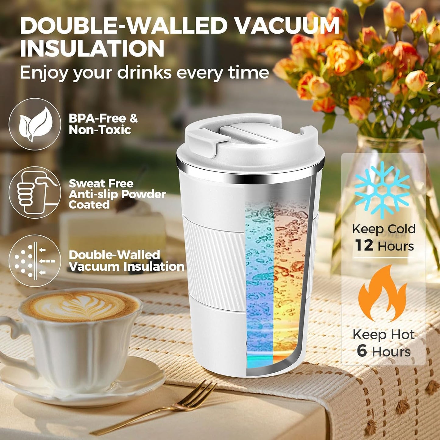 Volhoply 13 oz Stainless Steel Insulated Travel Coffee Mug with Fip Lid Bulk 8 Pack,Reusable Double Wall Vacuum Metal Coffee Cup,Portable Leak Proof Thermal Tumbler for Hot & Cold Drinks(White,8)