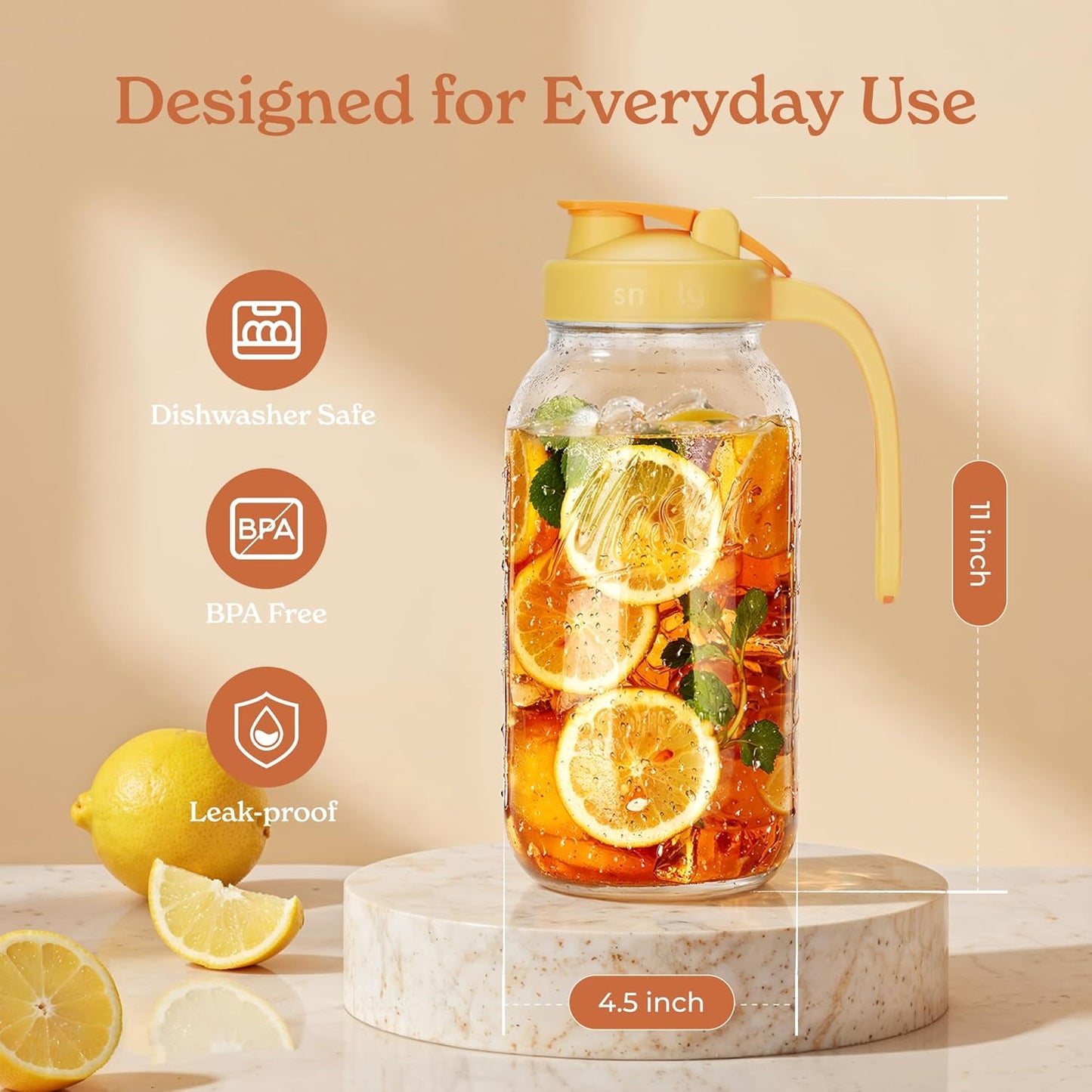 SMIRLY 64 oz Mason Jar Pitcher,Glass Pitcher with Wide Mouth,Water Jug with Double Leak Proof Lid for Iced Coffee,Hot Water,Breast Milk