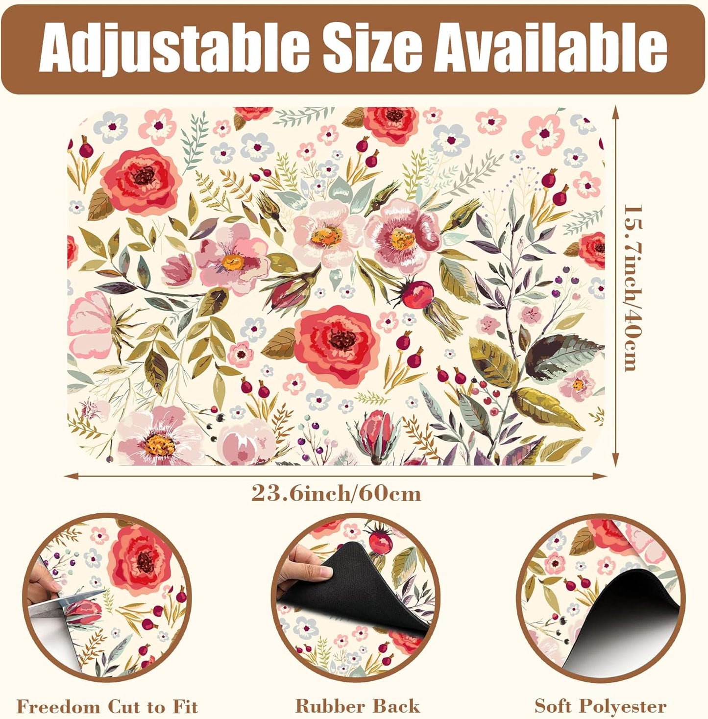 Vintage Flowers Coffee Mat Rose Berries Dish Drying Mat for Kitchen Counter Absorbent Drying Rack Pad Hide Stain Rubber Backed Coffee Bar Accessories Fit Under Espresso Machine, 15.7 x 23.6 Inch