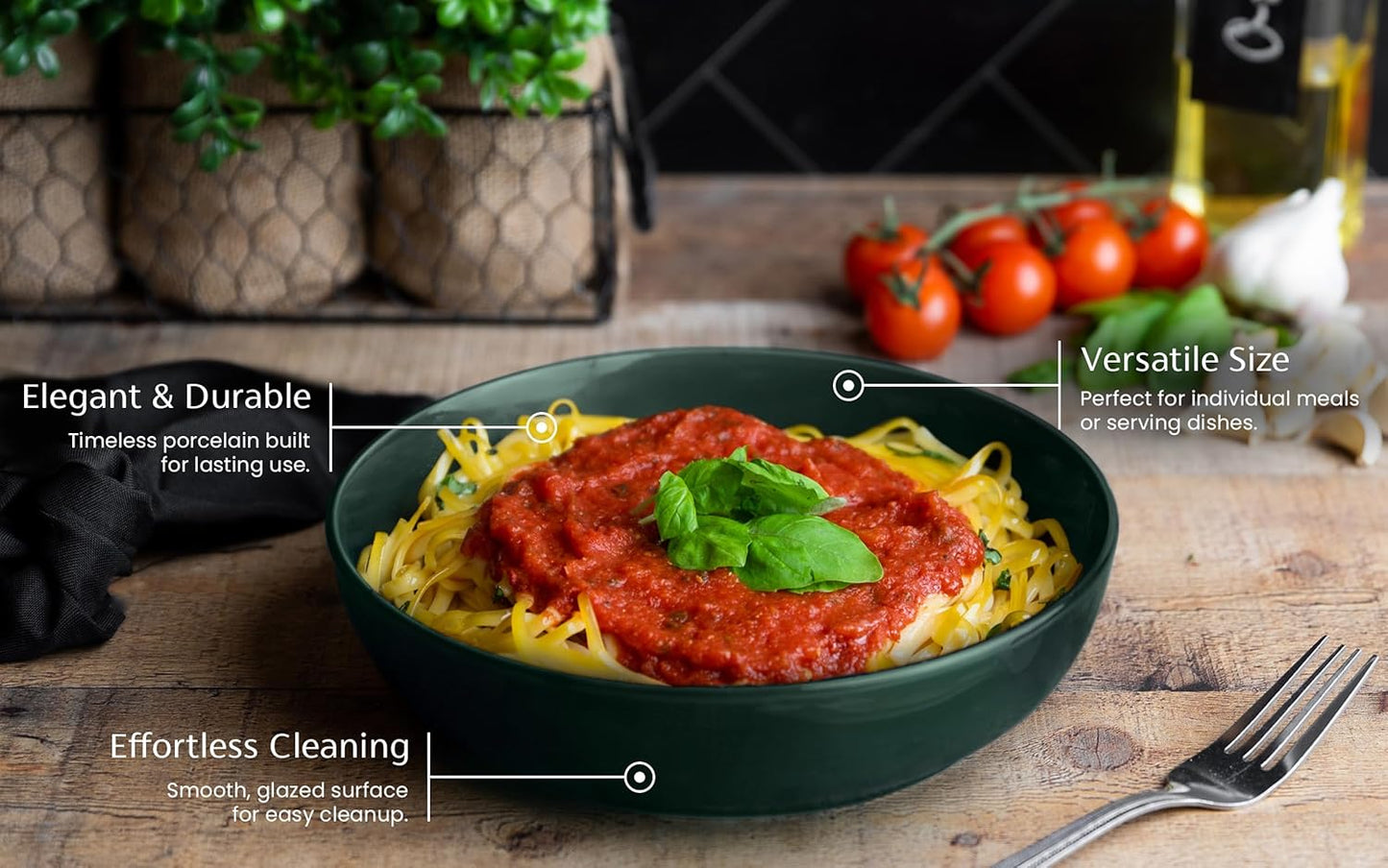 KooK Pasta Bowl, Salad Bowls, Soup, Serving Bowls, Ceramic, Large Capacity, Microwave & Dishwasher Safe, Set of 4, 40 Oz,(Hunter Green)