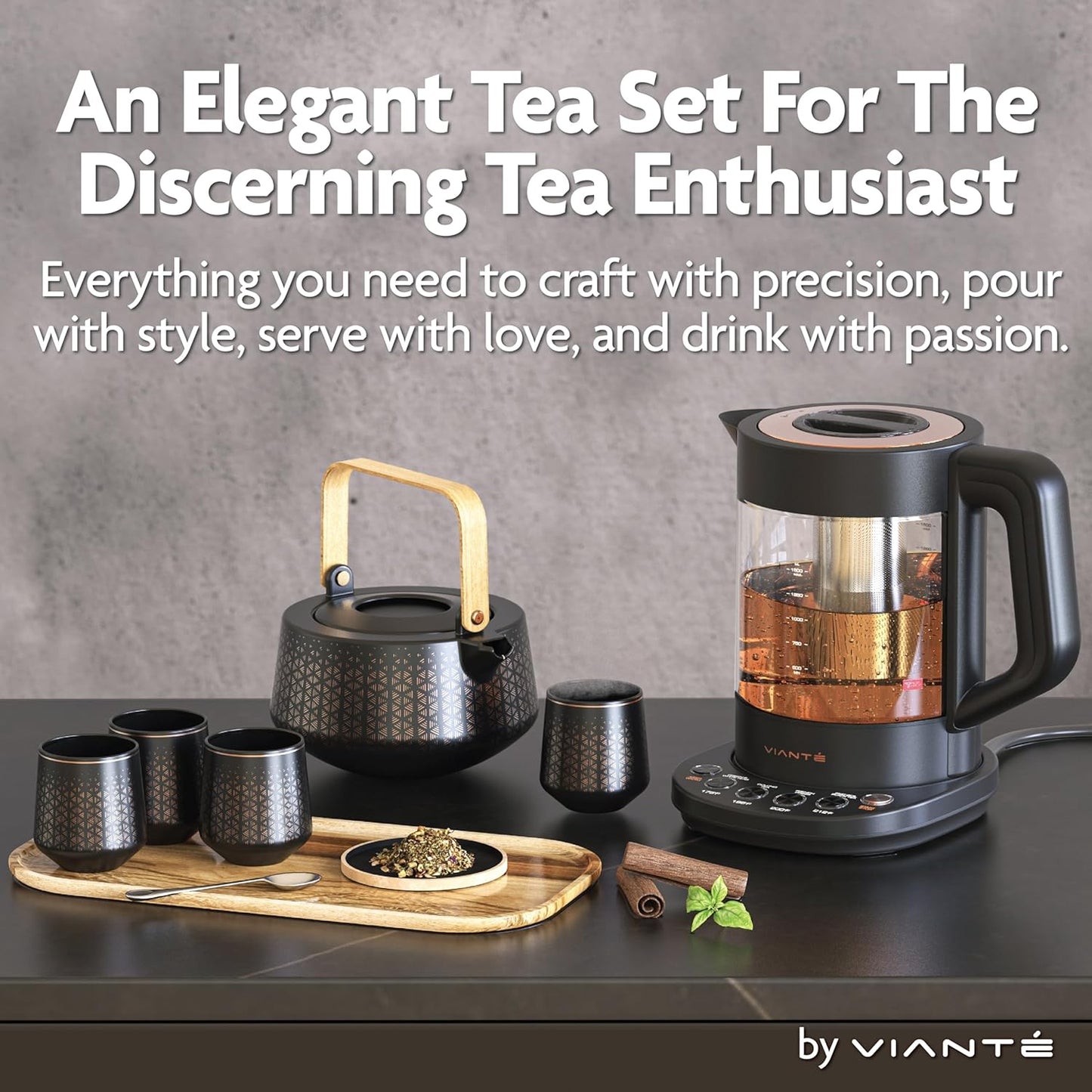 Vianté Luxury Tea Set. Electric Kettle with Infuser for Loose Leaf And Ceramic Serving Set. Teapot and Cup Set with Wooden Tray. Excellent Gift Idea For Tea Lovers.