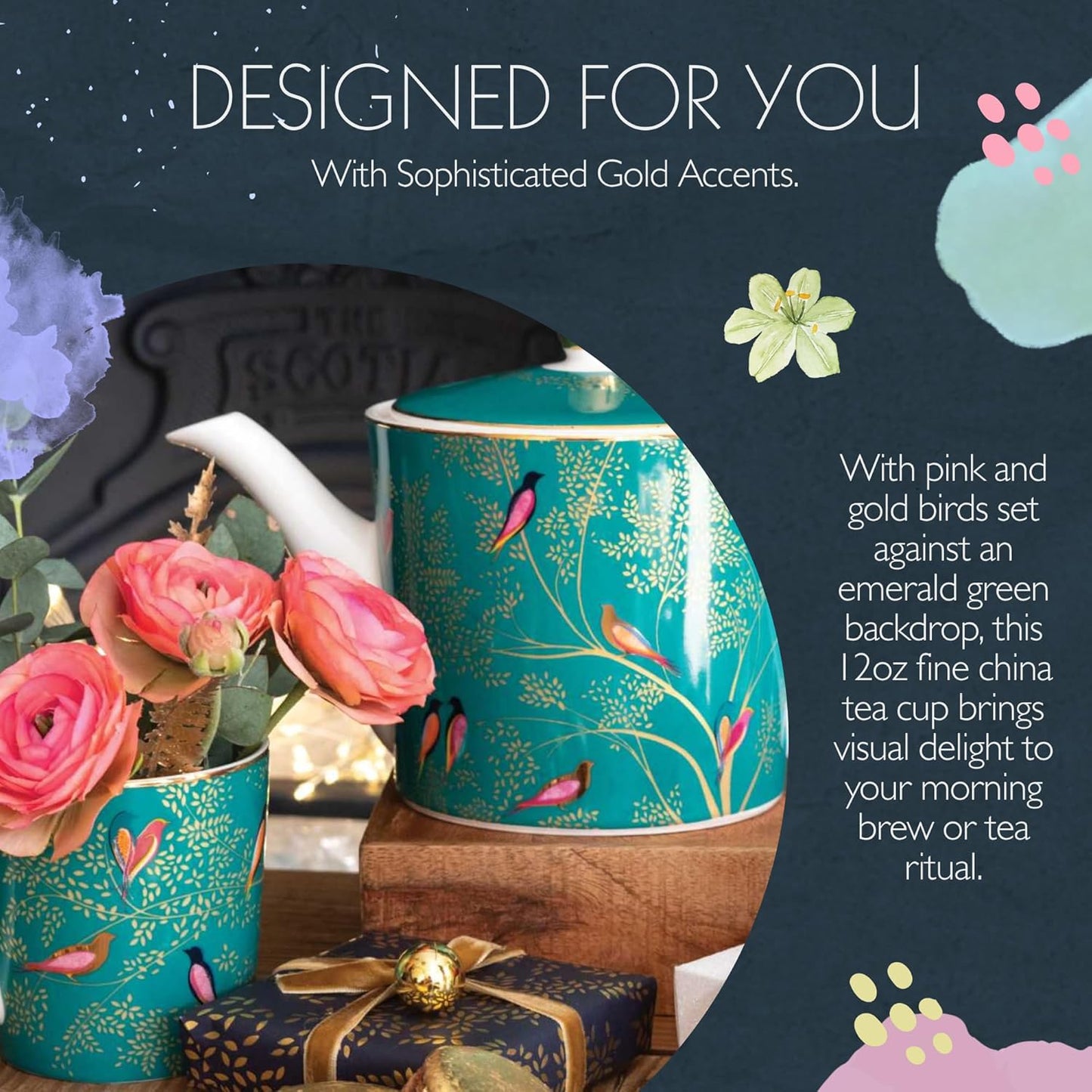 Portmeirion Sara Miller Chelsea 12oz Tea Cup, Emerald Green - Fine China Coffee Mug with Hummingbird Motif - Elegant Tea Party Cup for Afternoon Tea Moments - Great Gift for Her/Mother