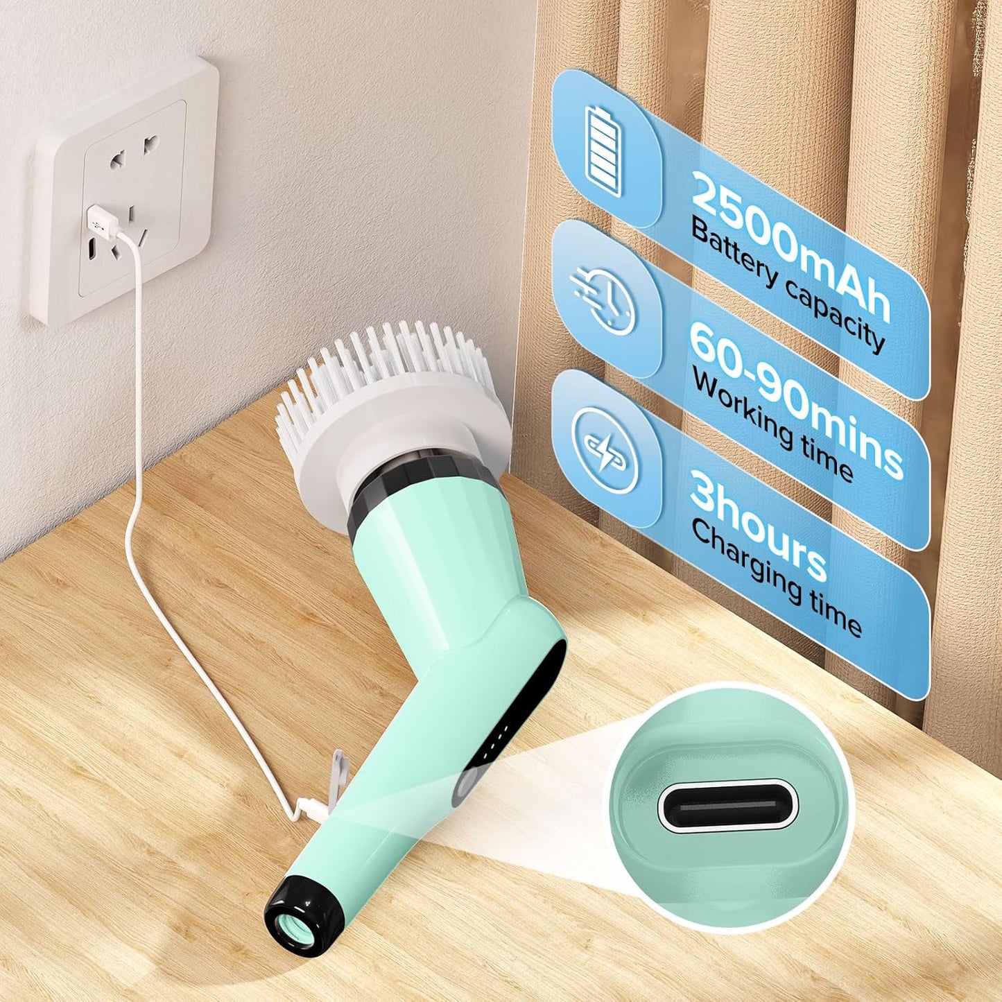 Electric Spin Scrubber, Dreazu IPX7 Bathroom Scrubber with 7 Replaceable Brush Heads & Retractable Handle, 2-Speed Adjustable Spin Scrubber for Bathroom, Bathtub, Kitchen, Tile Floors（Green）