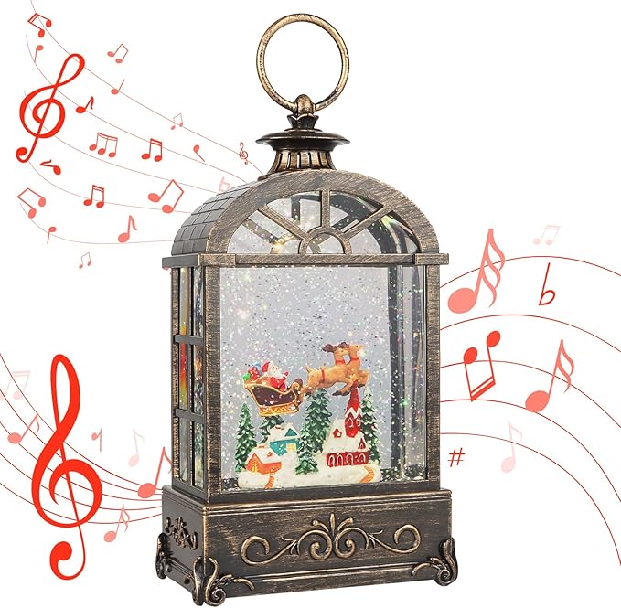 Christmas Snow Globes Lantern,Musical Snow Globes,Christmas Decorations Indoor for Home,Battery Or USB Powered,with 6 Hour Timer,Christmas Lantern for Festival Decoration,Reindeer Vehicle